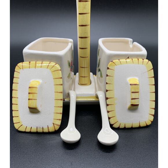 Vintage Floral Flowers Jam Jelly condiment jar Spoons and Handled Tray Yellow - Picture 6 of 7